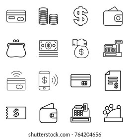 Thin line icon set : card, coin stack, dollar, wallet, purse, money, gift, cashbox, tap to pay, phone, credit, account balance, receipt