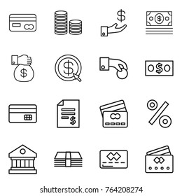 Thin line icon set : card, coin stack, investment, money, gift, dollar arrow, hand, credit, account balance, percent, library