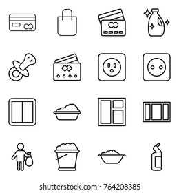 Thin line icon set : card, shopping bag, credit, cleanser, nipple, power socket, switch, washing, window, trash, foam bucket, basin, toilet