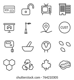 Thin line icon set : card, unlock, tv, houses, presentation, outdoor light, geo pin, customs, mixer, mortar, sheep, seeds, honeycombs, recycling, maple leaf, sponge with foam