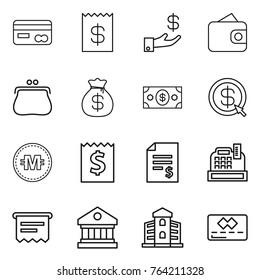 Thin line icon set : card, receipt, investment, wallet, purse, money bag, dollar arrow, crypto currency, account balance, cashbox, atm, library, building, credit