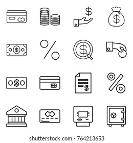 Thin line icon set : card, coin stack, investment, money bag, percent, dollar arrow, hand, credit, account balance, library, atm, safe