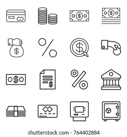 Thin line icon set : card, coin stack, money, gift, percent, dollar arrow, hand, account balance, library, credit, atm, safe