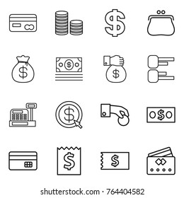 Thin line icon set : card, coin stack, dollar, purse, money bag, gift, diagram, cashbox, arrow, hand, credit, receipt