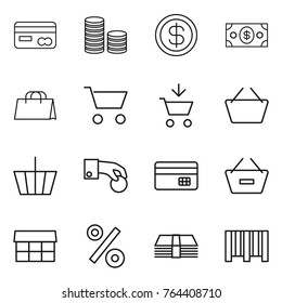 Thin line icon set : card, coin stack, dollar, money, shopping bag, cart, add to, basket, hand, credit, remove from, market, percent, bar code