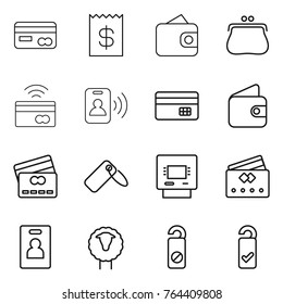 Thin line icon set : card, receipt, wallet, purse, tap to pay, pass, credit, label, atm, identity, sheep, do not distrub, please clean