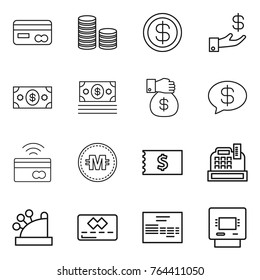 Thin line icon set : card, coin stack, dollar, investment, money, gift, message, tap to pay, crypto currency, receipt, cashbox, credit, invoice, atm