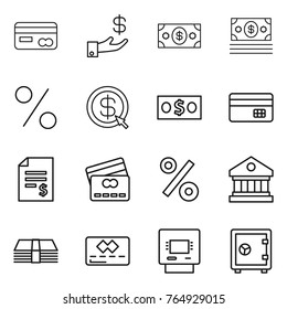 Thin line icon set : card, investment, money, percent, dollar arrow, credit, account balance, library, atm, safe