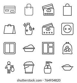 Thin line icon set : card, shopping bag, credit, cleanser, power socket, switch, washing, window, garbage, trash, foam bucket, liquid soap, basin
