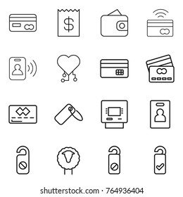 Thin line icon set : card, receipt, wallet, tap to pay, pass, cardio chip, credit, label, atm, identity, do not distrub, sheep, please clean