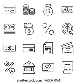 Thin line icon set : card, coin stack, money bag, gift, percent, dollar arrow, credit, account balance, library, atm