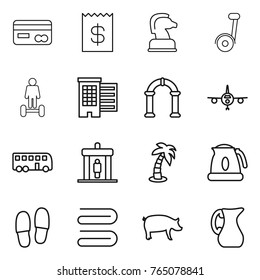 Thin line icon set : card, receipt, chess horse, hoverboard, houses, arch, plane, bus, detector, palm, kettle, slippers, towel, pig, jug