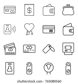 Thin line icon set : card, receipt, wallet, purse, pass, cardio chip, credit, label, atm, identity, do not distrub, sheep