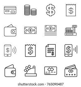 Thin line icon set : card, coin stack, dollar, receipt, wallet, money, cashbox, phone pay, account balance, mobile, credit