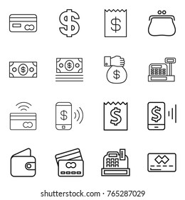 Thin line icon set : card, dollar, receipt, purse, money, gift, cashbox, tap to pay, phone, mobile, wallet, credit