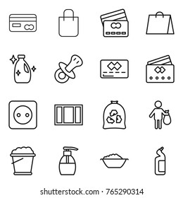 Thin line icon set : card, shopping bag, credit, cleanser, nipple, power socket, window, garbage, trash, foam bucket, liquid soap, basin, toilet