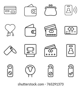 Thin line icon set : card, wallet, purse, pass, cardio chip, credit, label, atm, identity, do not distrub, sheep, please clean