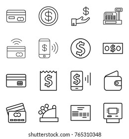 Thin line icon set : card, dollar, investment, cashbox, tap to pay, phone, coin, money, credit, receipt, mobile, wallet, invoice, atm