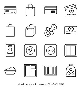 Thin line icon set : card, shopping bag, credit, nipple, identity, power socket, switch, washing, window, garbage