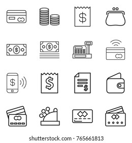 Thin line icon set : card, coin stack, receipt, purse, money, cashbox, tap to pay, phone, account balance, wallet, credit