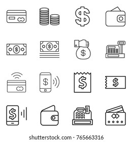 Thin line icon set : card, coin stack, dollar, wallet, money, gift, cashbox, tap to pay, phone, receipt, mobile, credit