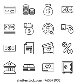 Thin line icon set : card, coin stack, money bag, gift, dollar arrow, hand, account balance, credit, percent, library, safe