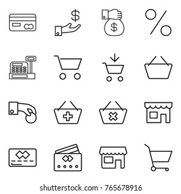 Thin line icon set : card, investment, money gift, percent, cashbox, cart, add to, basket, hand coin, delete, shop, credit