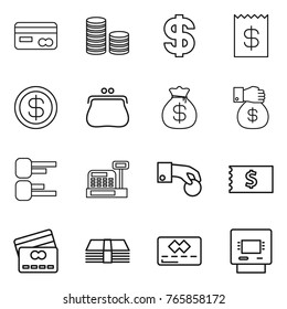 Thin line icon set : card, coin stack, dollar, receipt, purse, money bag, gift, diagram, cashbox, hand, credit, atm