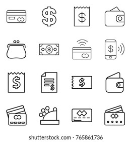 Thin line icon set : card, dollar, receipt, wallet, purse, money, tap to pay, phone, account balance, credit, cashbox