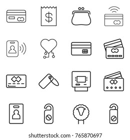 Thin line icon set : card, receipt, purse, tap to pay, pass, cardio chip, credit, label, atm, identity, do not distrub, sheep