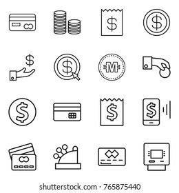 Thin line icon set : card, coin stack, receipt, dollar, investment, arrow, crypto currency, hand, credit, mobile pay, cashbox, atm