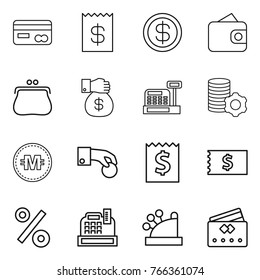Thin line icon set : card, receipt, dollar, wallet, purse, money gift, cashbox, virtual mining, crypto currency, hand coin, percent, credit