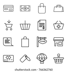Thin line icon set : card, money, shopping bag, add to cart, basket, account balance, list, store signboard, shop, credit, label, parachute delivery