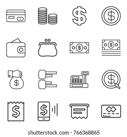 Thin line icon set : card, coin stack, dollar, wallet, purse, money, gift, diagram, cashbox, arrow, receipt, mobile pay, atm, credit