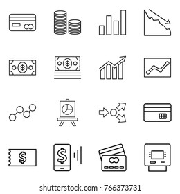 Thin line icon set : card, coin stack, graph, crisis, money, diagram, statistics, presentation, core splitting, credit, receipt, mobile pay, atm