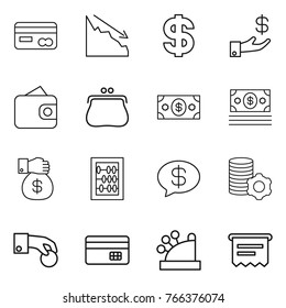 Thin line icon set : card, crisis, dollar, investment, wallet, purse, money, gift, abacus, message, virtual mining, hand coin, credit, cashbox, atm receipt
