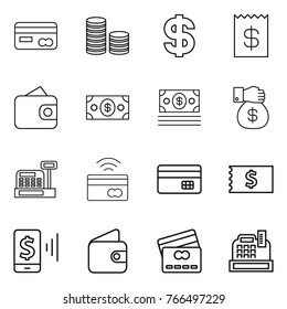 Thin line icon set : card, coin stack, dollar, receipt, wallet, money, gift, cashbox, tap to pay, credit, mobile