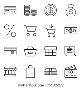 Thin line icon set : card, coin stack, dollar, money bag, percent, cart, add to, credit, remove from basket, market, shopping list