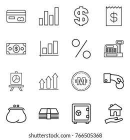 Thin line icon set : card, graph, dollar, receipt, money, percent, cashbox, presentation, up, crypto currency, hand coin, purse, safe, housing