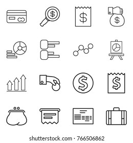 Thin line icon set : card, dollar magnifier, receipt, money gift, diagram, graph, presentation, up, hand coin, purse, atm, invoice, suitcase