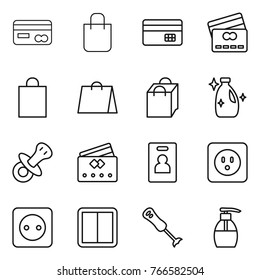 Thin line icon set : card, shopping bag, credit, cleanser, nipple, identity, power socket, switch, blender, liquid soap