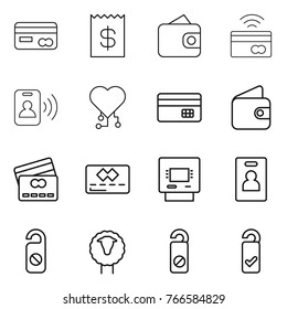 Thin line icon set : card, receipt, wallet, tap to pay, pass, cardio chip, credit, atm, identity, do not distrub, sheep, please clean