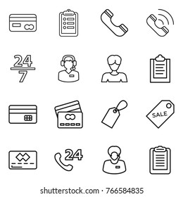 Thin line icon set : card, clipboard, phone, call, 24 7, center, woman, credit, label, sale, support manager