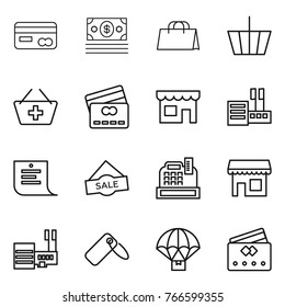 Thin line icon set : card, money, shopping bag, basket, add to, credit, shop, store, list, sale, cashbox, mall, label, parachute delivery
