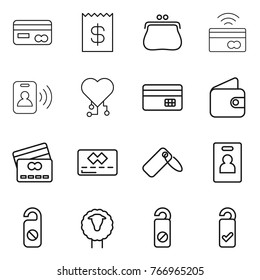 Thin line icon set : card, receipt, purse, tap to pay, pass, cardio chip, credit, wallet, label, identity, do not distrub, sheep, please clean