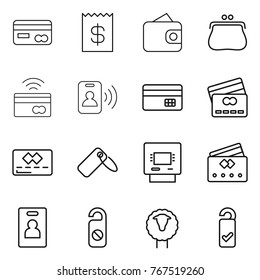 Thin line icon set : card, receipt, wallet, purse, tap to pay, pass, credit, label, atm, identity, do not distrub, sheep, please clean