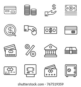 Thin line icon set : card, coin stack, investment, money, dollar arrow, hand, credit, percent, library, atm, safe