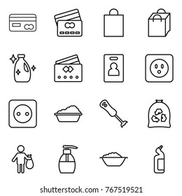 Thin line icon set : card, credit, shopping bag, cleanser, identity, power socket, washing, blender, garbage, trash, liquid soap, foam basin, toilet