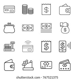 Thin line icon set : card, coin stack, receipt, wallet, purse, money, gift, cashbox, tap to pay, mobile, credit
