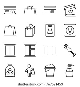 Thin line icon set : card, shopping bag, credit, identity, power socket, switch, window, blender, garbage, trash, foam bucket, liquid soap